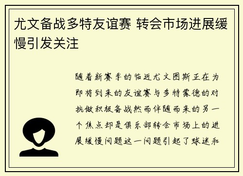 尤文备战多特友谊赛 转会市场进展缓慢引发关注